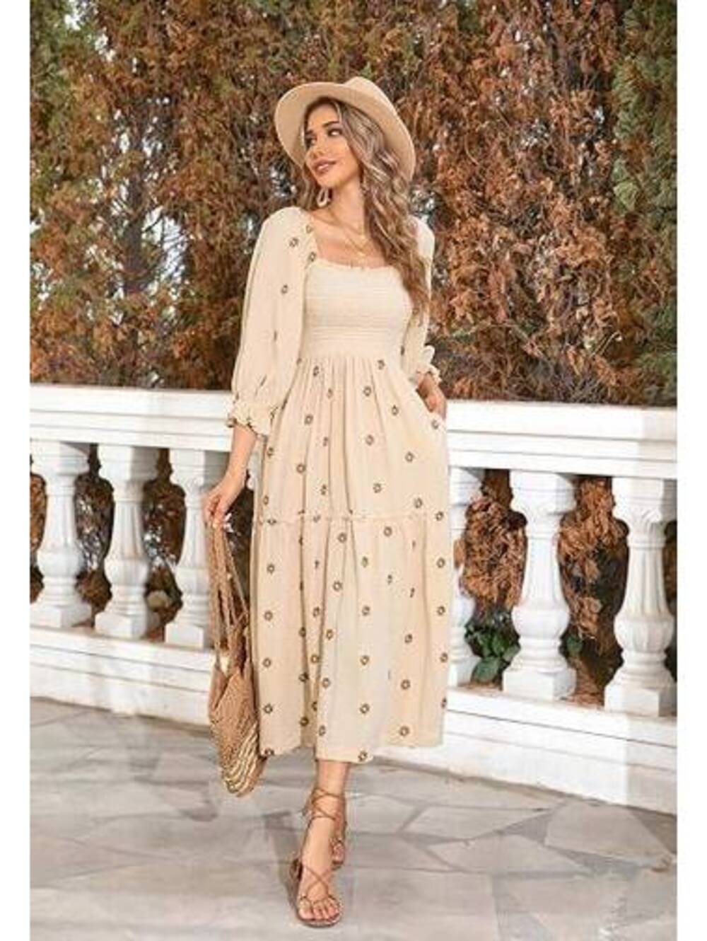 Women's M Beige Floral Embroidered Cotton Gauze Square Neck Midi Dress